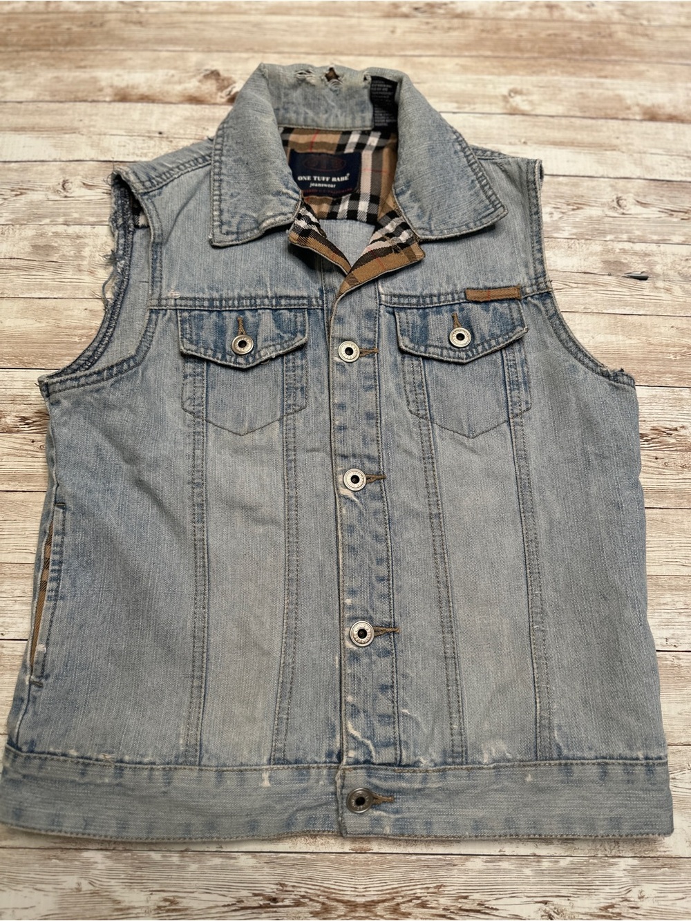 Kids Denim Vest with Plaid Lining - Light Blue